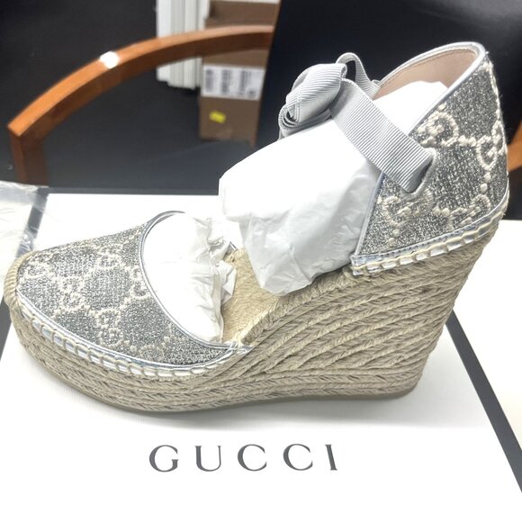 GUCCI SHOES HERITAGE PILAR LAME SILVER GG PLATFORM ESPADRILLE WEDGES 38.5 US 8 - Picture 14 of 16